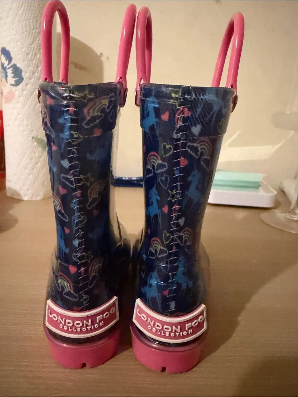 London Fog Navy Kids Rain Boots with Pink Handles and Soles